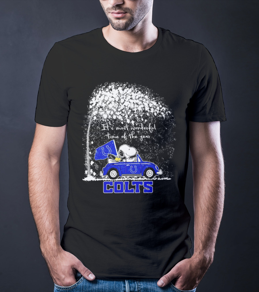 Snoopy And Woodstock Colts It's Most Wonderful Time Of The Year Winter Car Scene T-Shirt