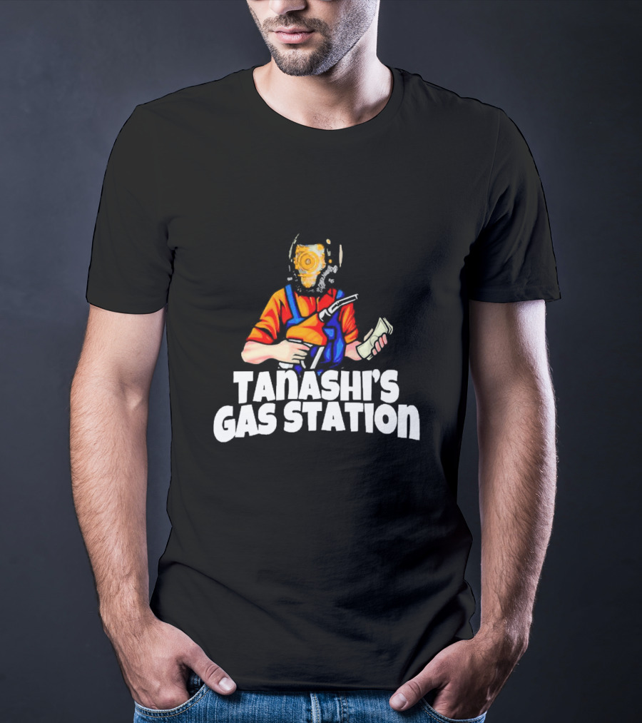 TANASHI’S GAS STATION ATTENDANT WITH RETRO HELMET AND ORANGE UNIFORM HOLDING FUEL PUMP AND MONEY T-Shirt