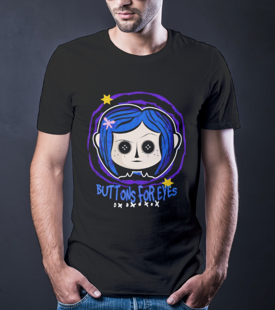 Buttons For Eyes Blue Haired Character With Stars T-Shirt