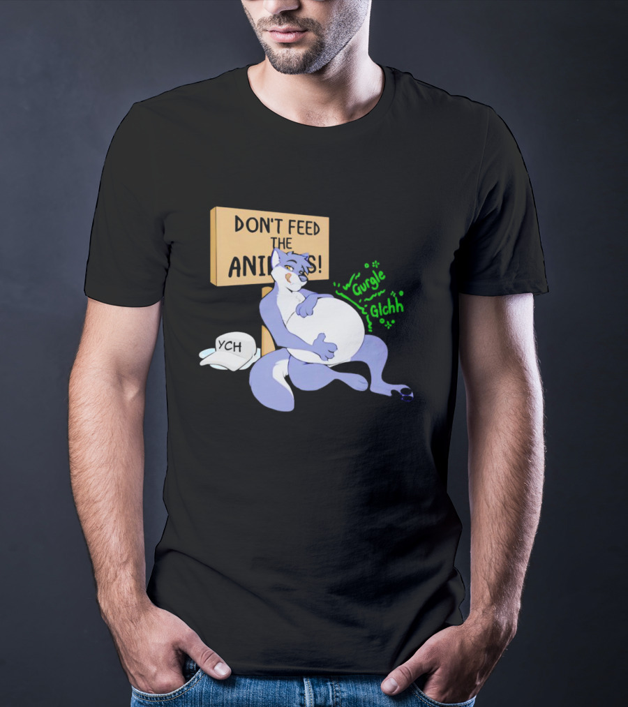 Don't Feed The Animals Gurgle Glchh YCH Sign With Full-Bellied Purple Cartoon Character T-Shirt