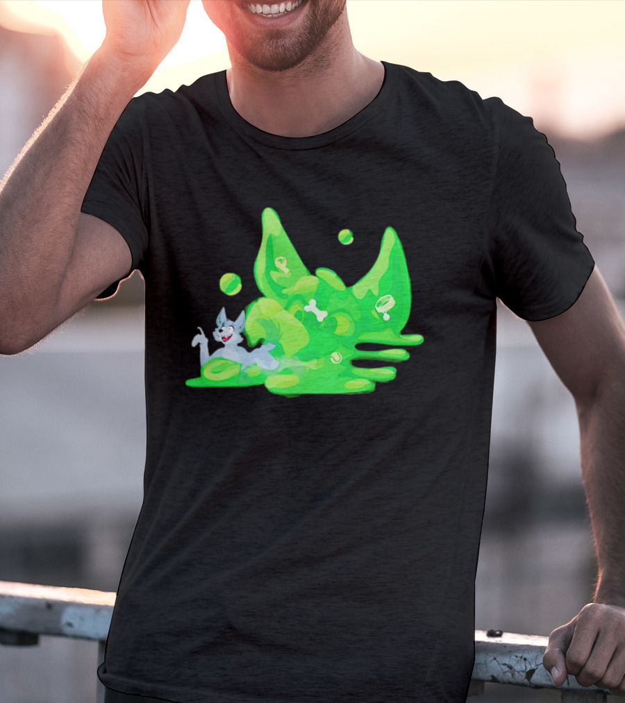 Gelatinous Dog Cartoon Slime With Playful Grey Pup And Green Ooze T-Shirt
