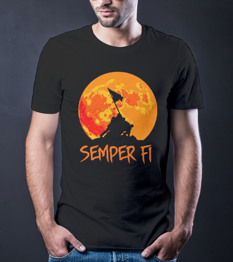 Semper Fi Halloween Full Moon Flag Raising T-Shirt