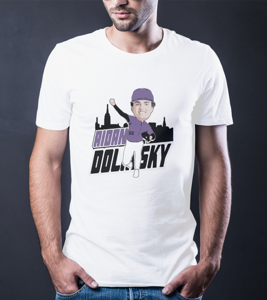 Aidan Dolinsky 55 Purple Baseball Caricature With City Skyline T-Shirt