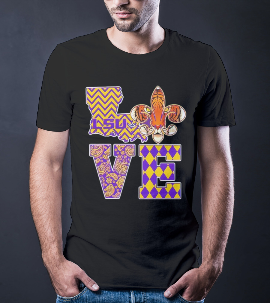 LSU Tigers Love Fleur De Lis Louisiana Purple Gold Chevron Paisley Harlequin T-Shirt