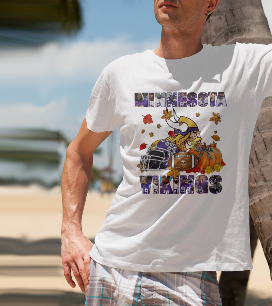 Minnesota Vikings Football Fall Leaves Helmet Pumpkin T-Shirt
