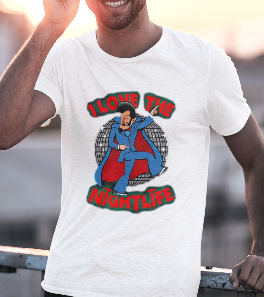 I Love The Nightlife Dracula Disco Dancing With Cape And Disco Ball T-Shirt