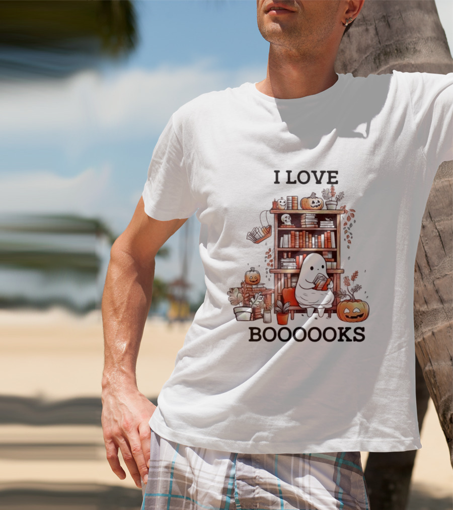 I Love Boooooks Ghost Reading With Pumpkins And Bookshelf Halloween T-Shirt