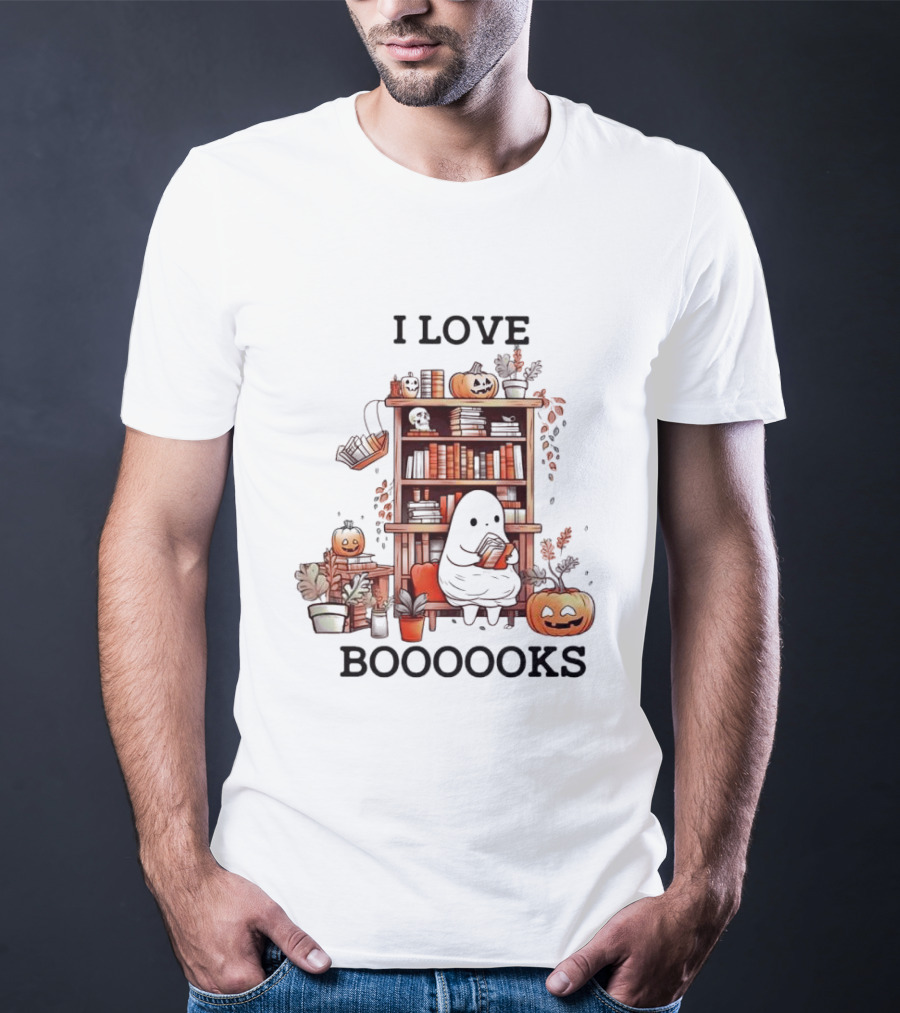I Love Boooooks Ghost Reading With Pumpkins And Bookshelf Halloween T-Shirt