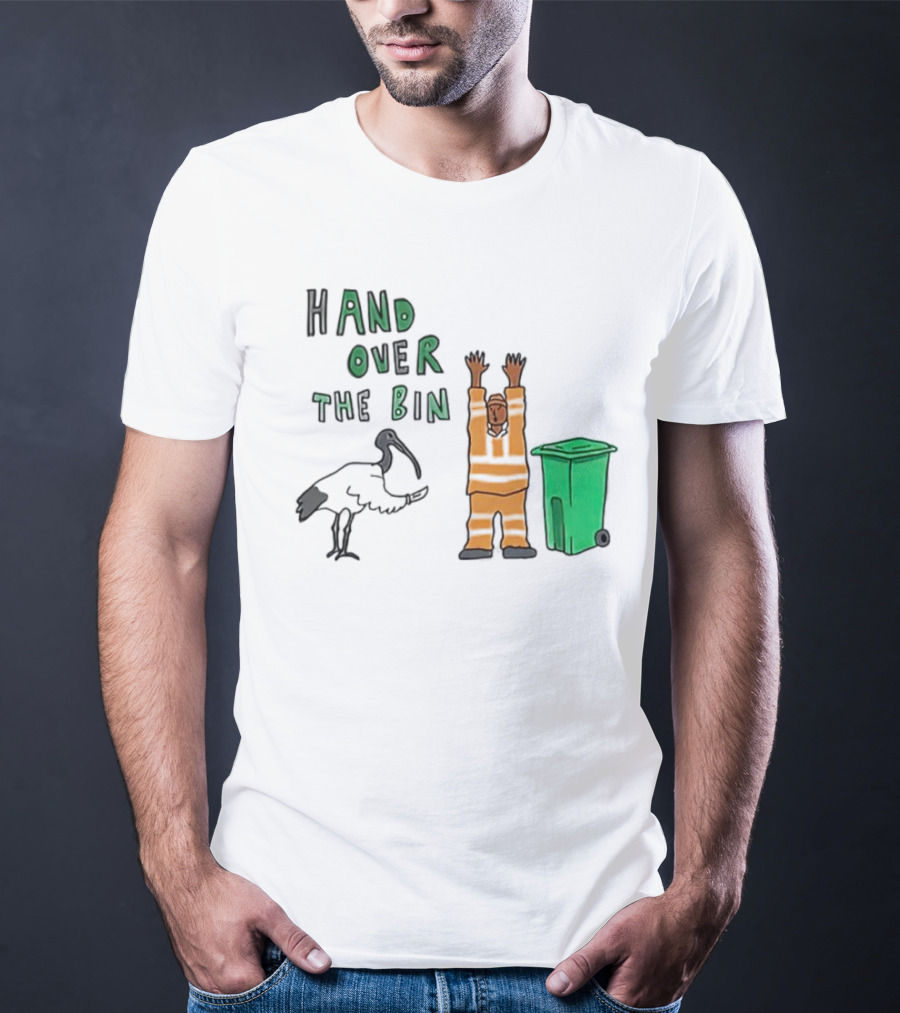 Hand Over The Bin Garbage Collector And Bird Cartoon Scene T-Shirt