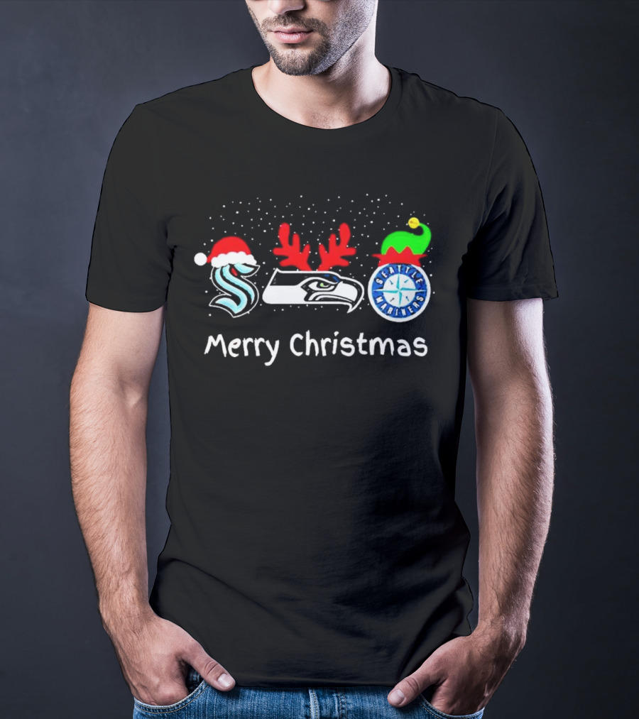 Seattle Kraken Seahawks Mariners Santa Reindeer Elf Merry Christmas T-Shirt