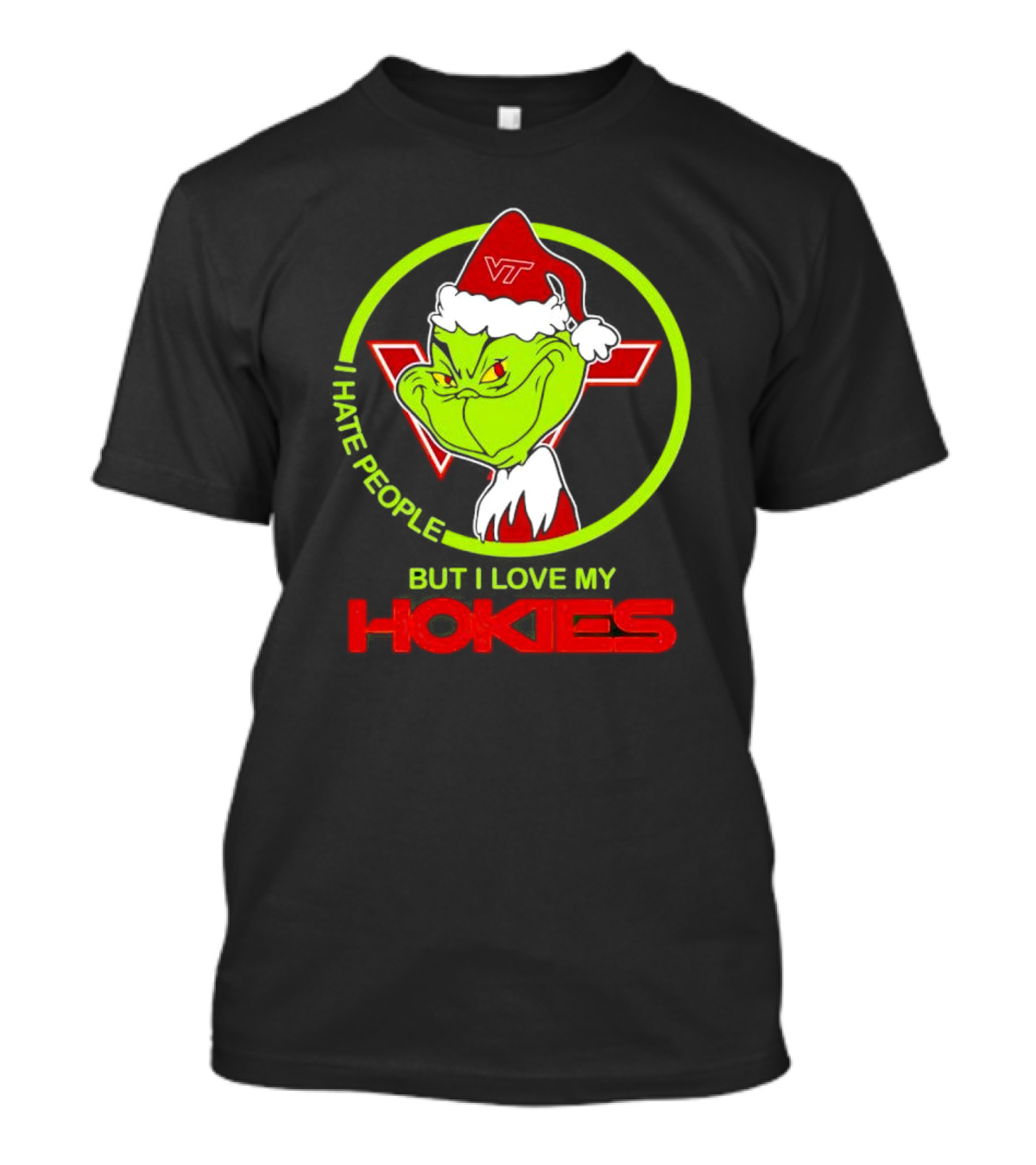 I Hate People Grinch Loves Hokies Christmas VT Santa Hat T-Shirt