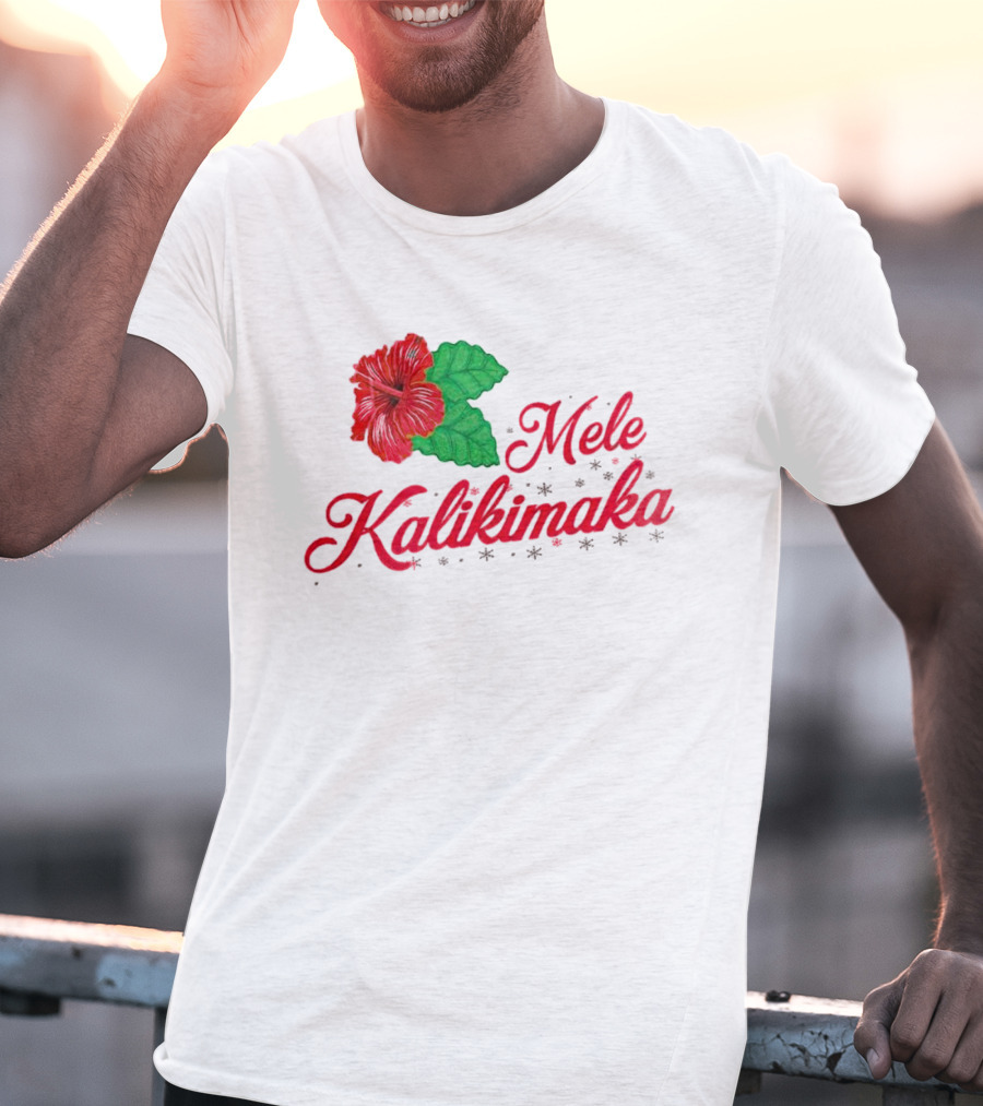 Mele Kalikimaka Red Hibiscus Flower With Green Leaves T-Shirt