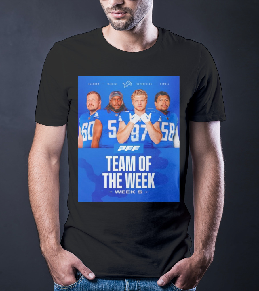PFF Detroit Lions Glasgow McNeill Hutchinson Sewell Team Of The Week Week 5 T-Shirt