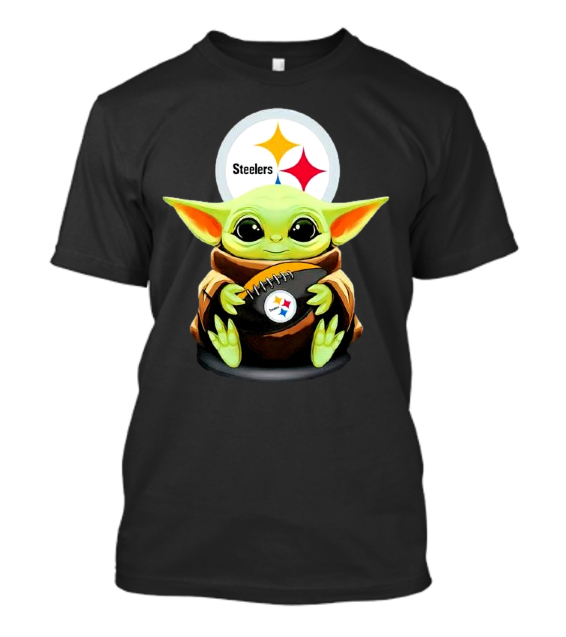 Baby Yoda Holding Pittsburgh Steelers Football T-Shirt