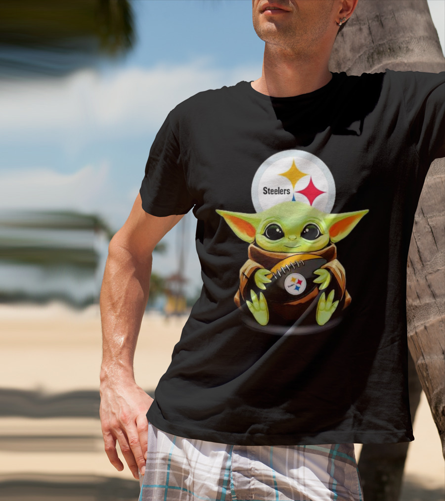 Baby Yoda Holding Pittsburgh Steelers Football T-Shirt