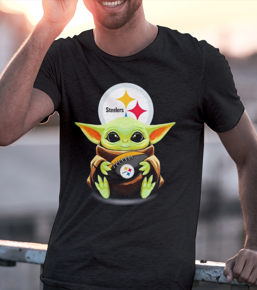 Baby Yoda Holding Pittsburgh Steelers Football T-Shirt
