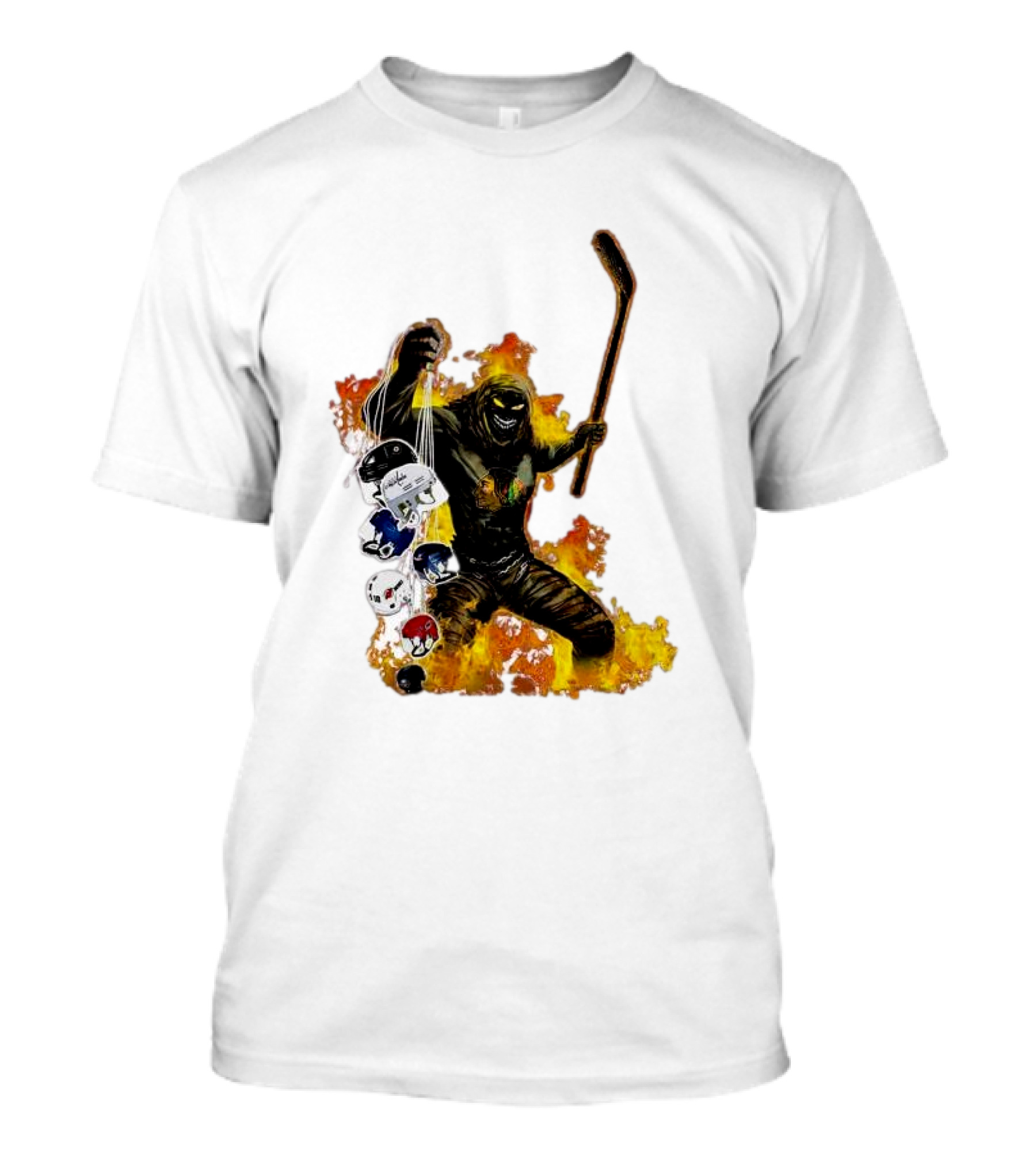 Evil Fire Hockey Player Holding Chicago Blackhawks And NHL Helmets T-Shirt