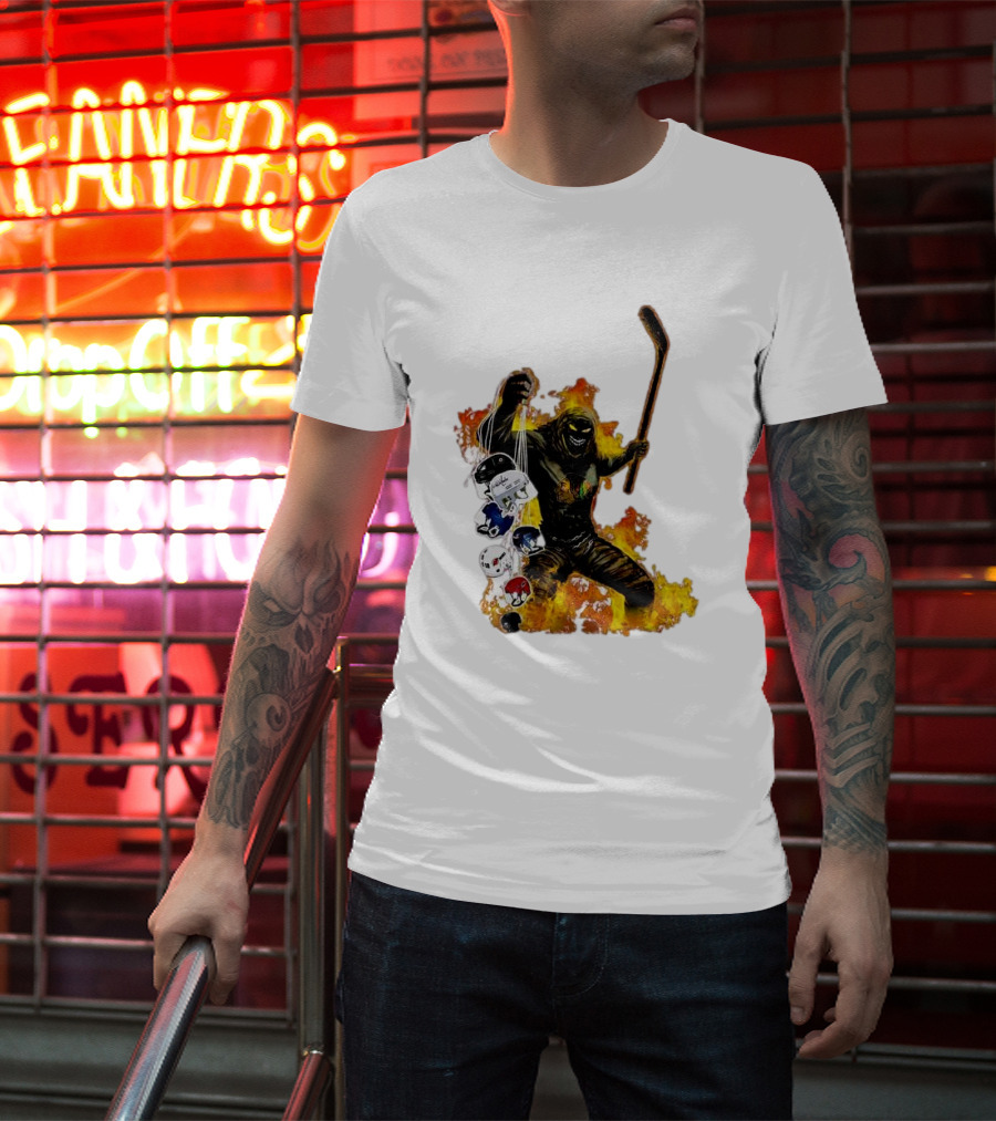 Evil Fire Hockey Player Holding Chicago Blackhawks And NHL Helmets T-Shirt