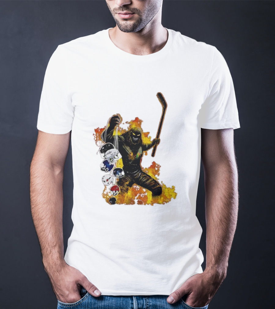 Evil Fire Hockey Player Holding Chicago Blackhawks And NHL Helmets T-Shirt