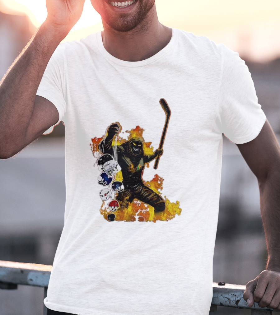 Evil Fire Hockey Player Holding Chicago Blackhawks And NHL Helmets T-Shirt