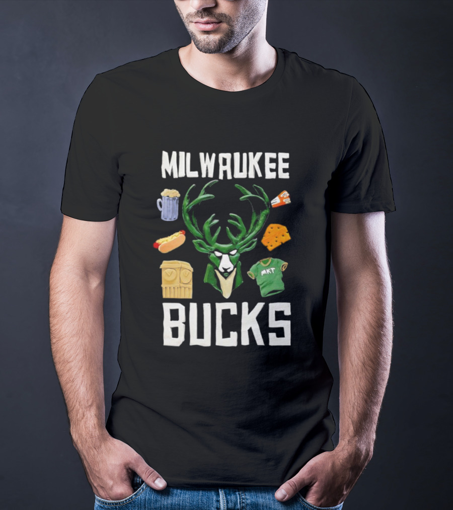Milwaukee Bucks NBA Market Claymation Deer Cheese Hot Dog Beer T-Shirt