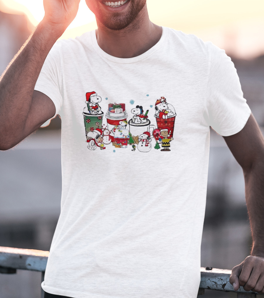 Snoopy And Friends Christmas Coffee Cups Scene Peanuts Holiday T-Shirt