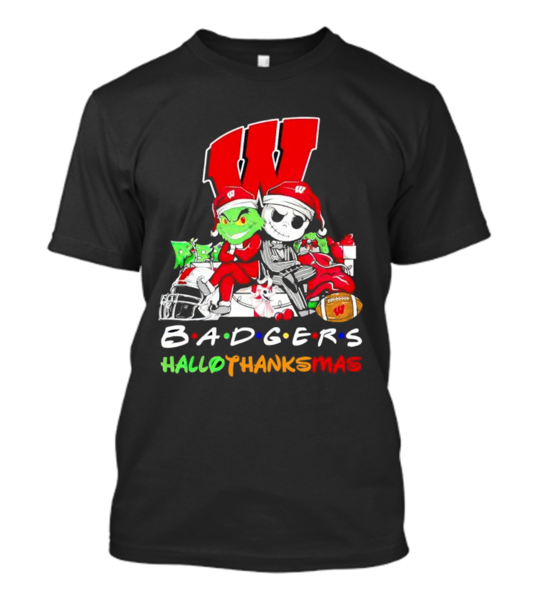 Badgers HalloThanksMas Grinch Jack Skellington Friends Football W T-Shirt