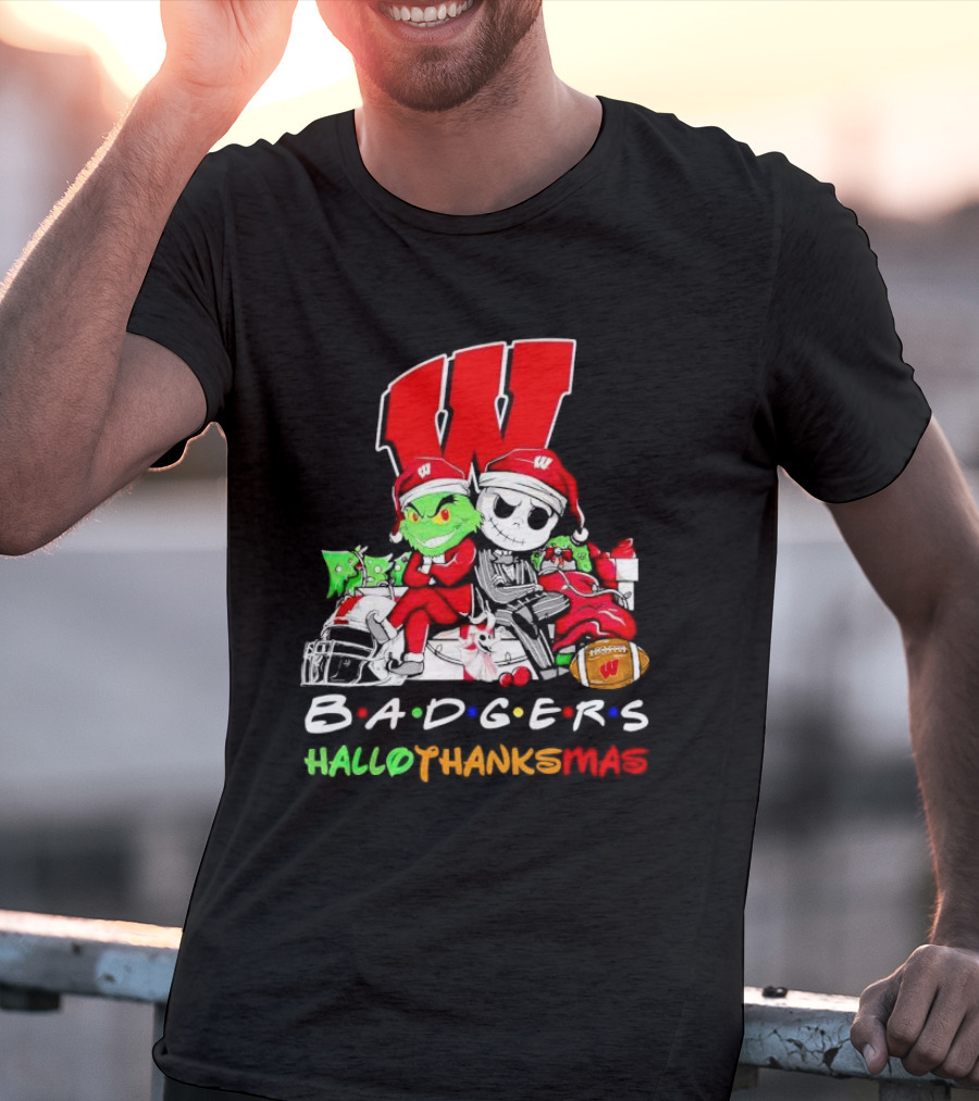 Badgers HalloThanksMas Grinch Jack Skellington Friends Football W T-Shirt