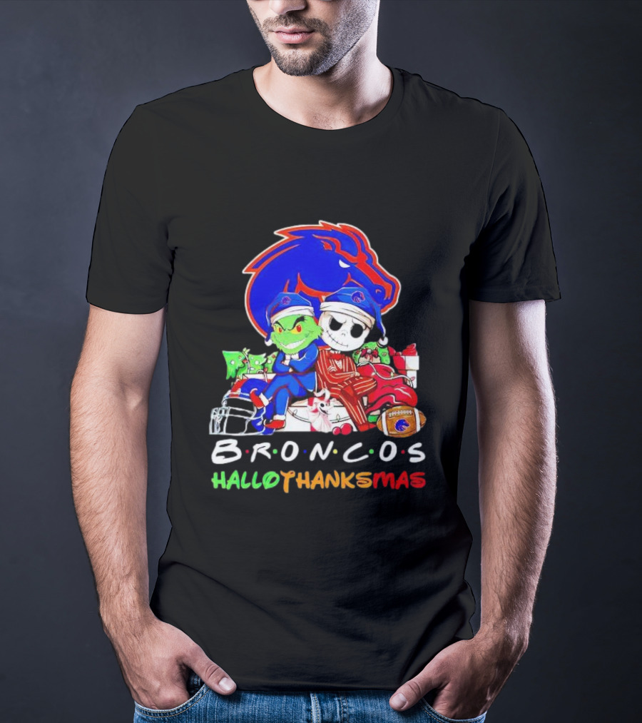 Broncos HalloThanksMas Grinch And Jack Skellington Friends T-Shirt