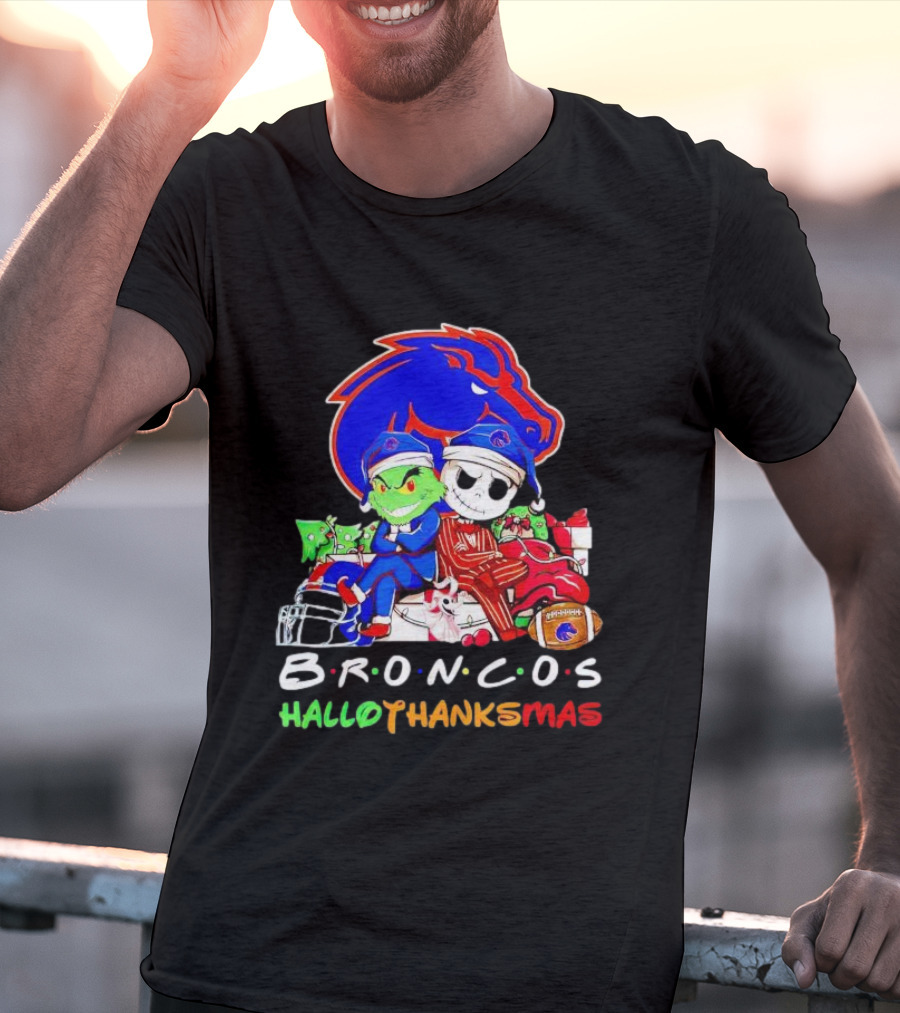Broncos HalloThanksMas Grinch And Jack Skellington Friends T-Shirt