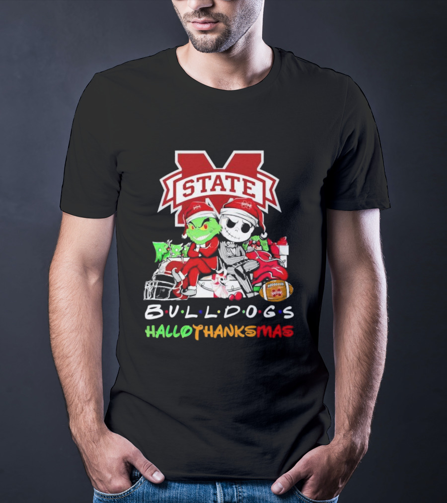 State Bulldogs Grinch And Jack Skellington HalloThanksMas T-Shirt