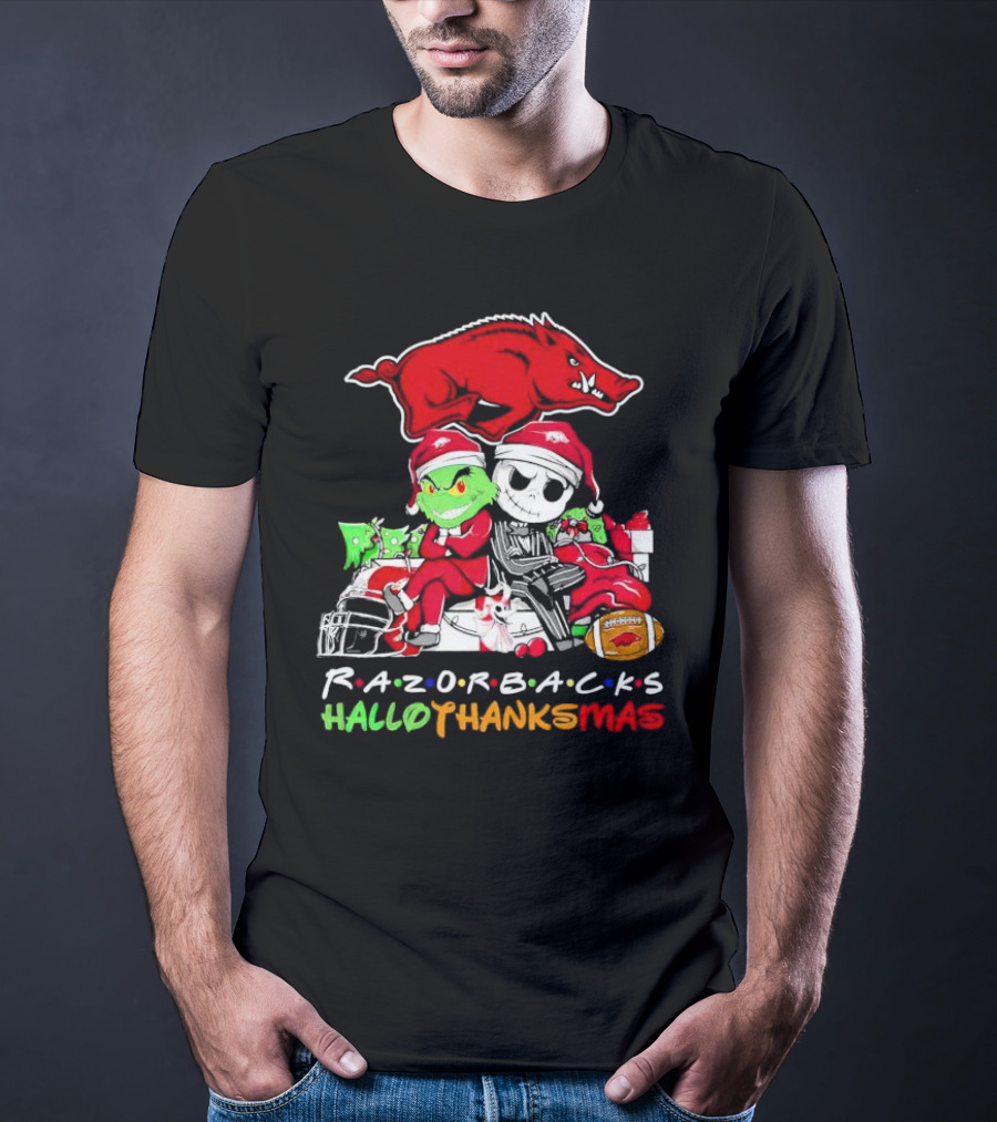Razorbacks Grinch Jack Skellington Friends HalloThanksMas T-Shirt
