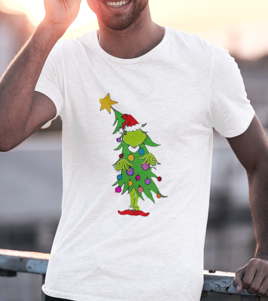Grinch Christmas Tree Costume With Star And Ornaments T-Shirt