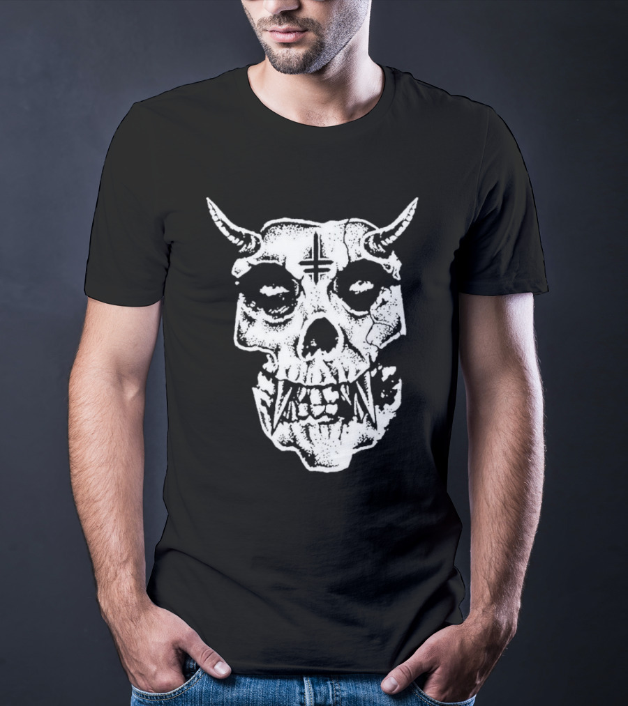 Twitching Tongues Twitchfits Sketched Skull With Horns And Inverted Cross T-Shirt