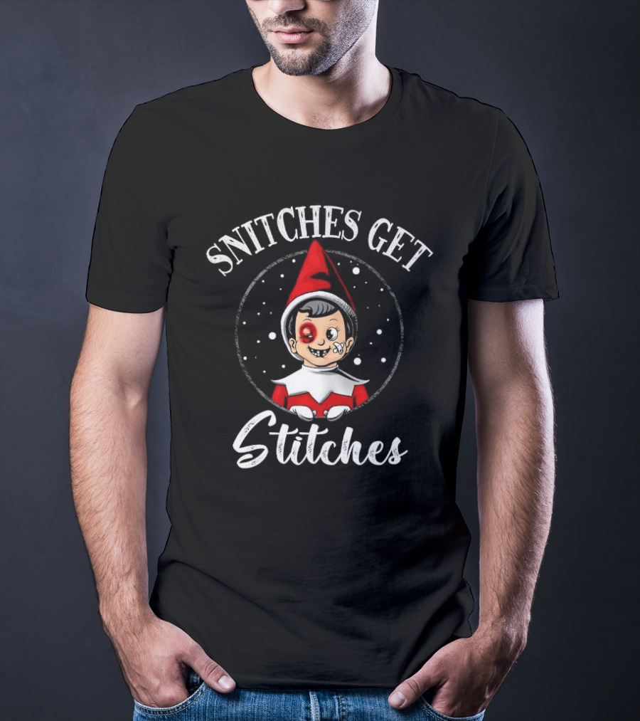 SNITCHES GET STITCHES Elf Red Hat Black Eye Snowflakes T-Shirt