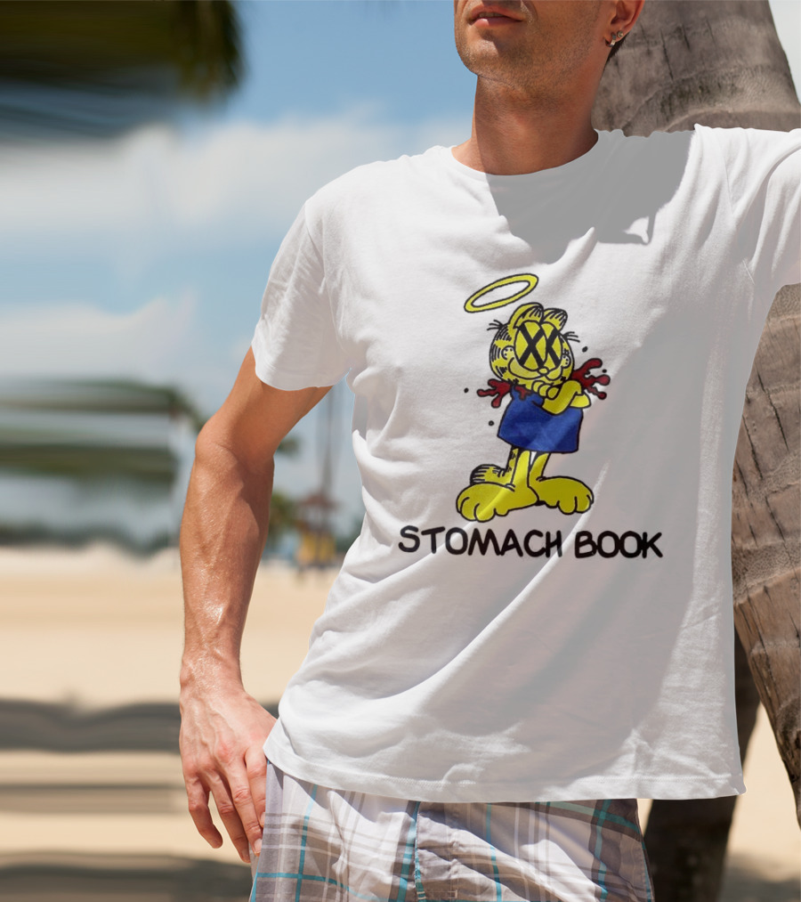 Garfield Stomach Book Angel Halo Yellow X Eyes Blue Red Blood T-Shirt
