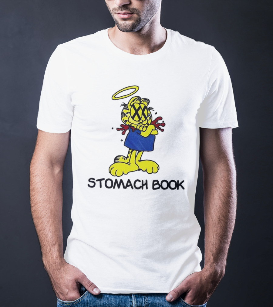 Garfield Stomach Book Angel Halo Yellow X Eyes Blue Red Blood T-Shirt