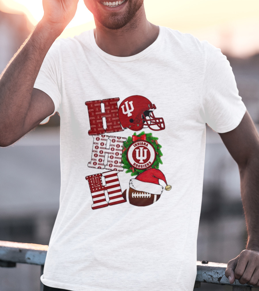 Indiana Hoosiers Christmas Ho Ho Ho Football Helmet Wreath Santa Hat T-Shirt