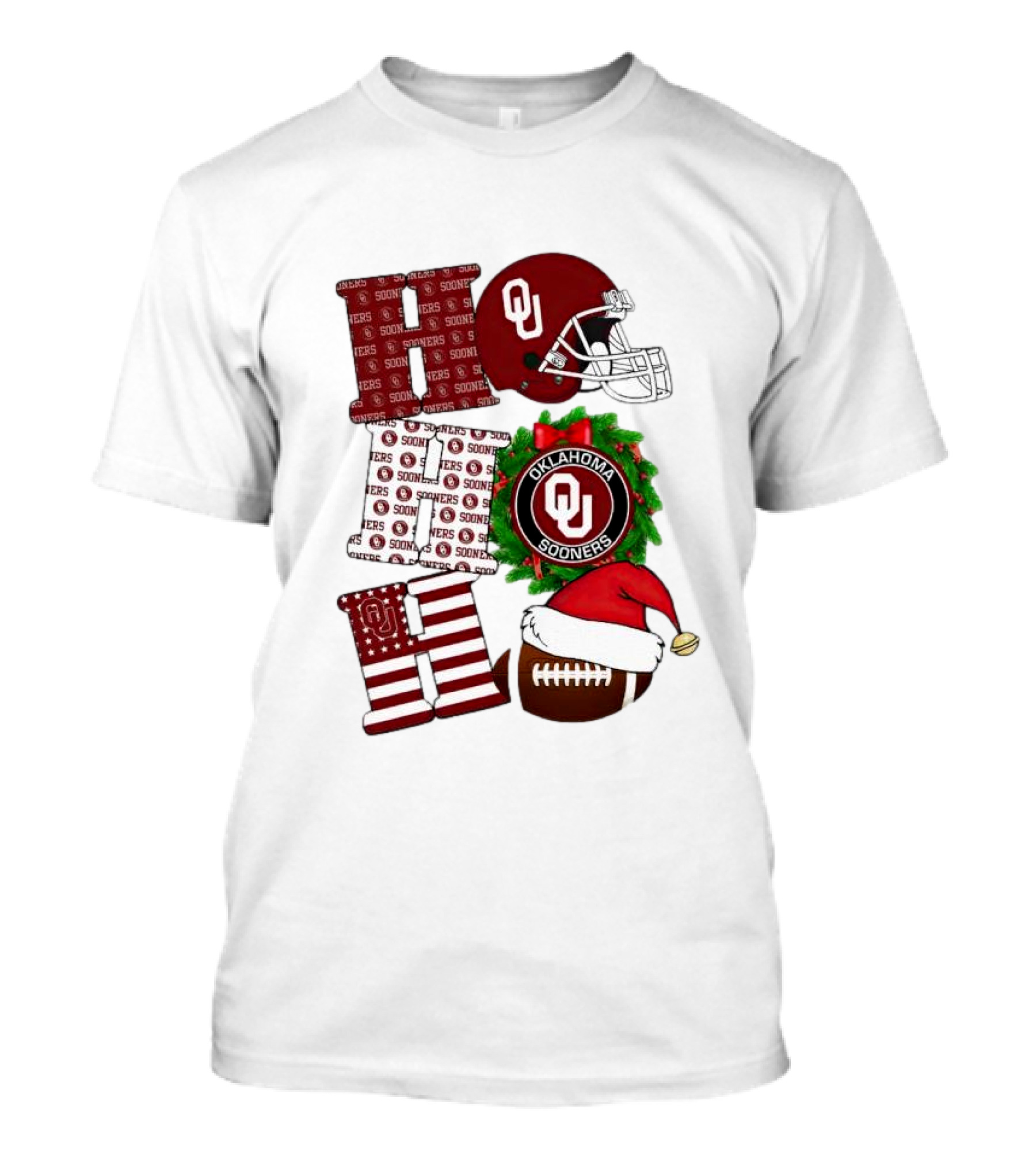 Oklahoma Sooners OU Helmet Wreath Football Santa Ho Ho Ho Christmas T-Shirt