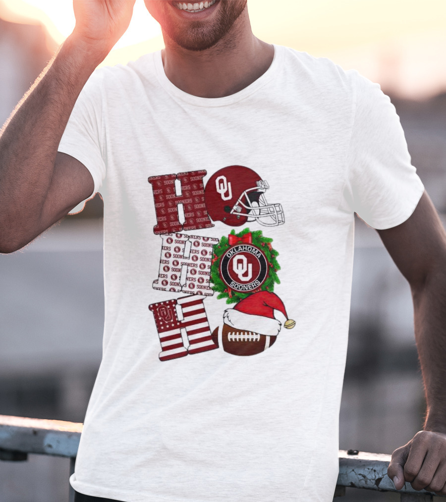 Oklahoma Sooners OU Helmet Wreath Football Santa Ho Ho Ho Christmas T-Shirt