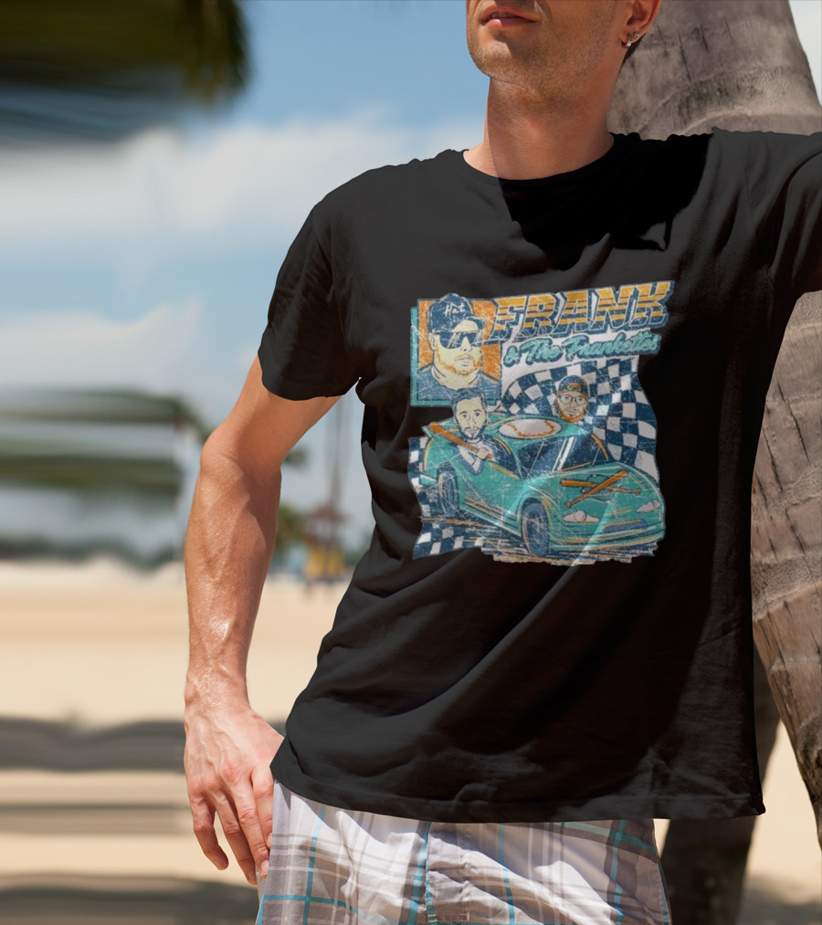 Frank And The Frankettes Racing Car Adventure With Checkered Flags And Cartoon Characters T-Shirt