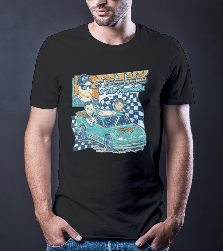 Frank And The Frankettes Racing Car Adventure With Checkered Flags And Cartoon Characters T-Shirt