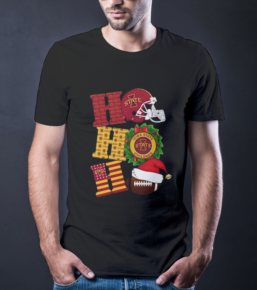 Iowa State Cyclones Christmas Football Helmet And Wreath Ho Ho Ho T-Shirt