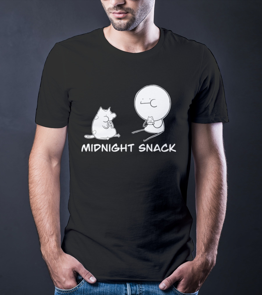 MIDNIGHT SNACK Cat And Stick Figure Eating Pizza T-Shirt