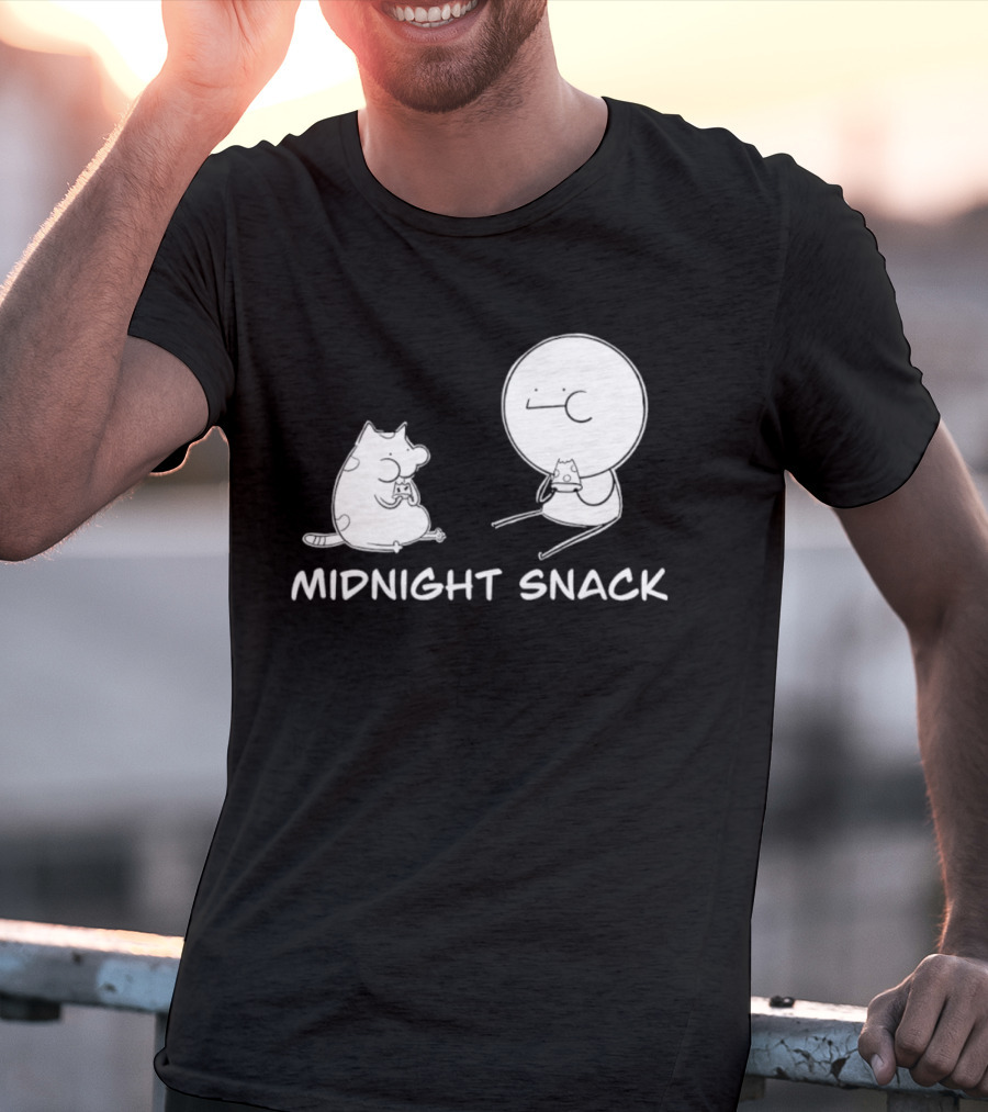 MIDNIGHT SNACK Cat And Stick Figure Eating Pizza T-Shirt