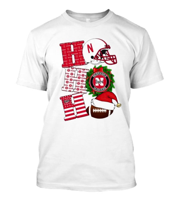 Nebraska Cornhuskers Ho Ho Ho Christmas Football Helmet Wreath Santa Hat Football T-Shirt