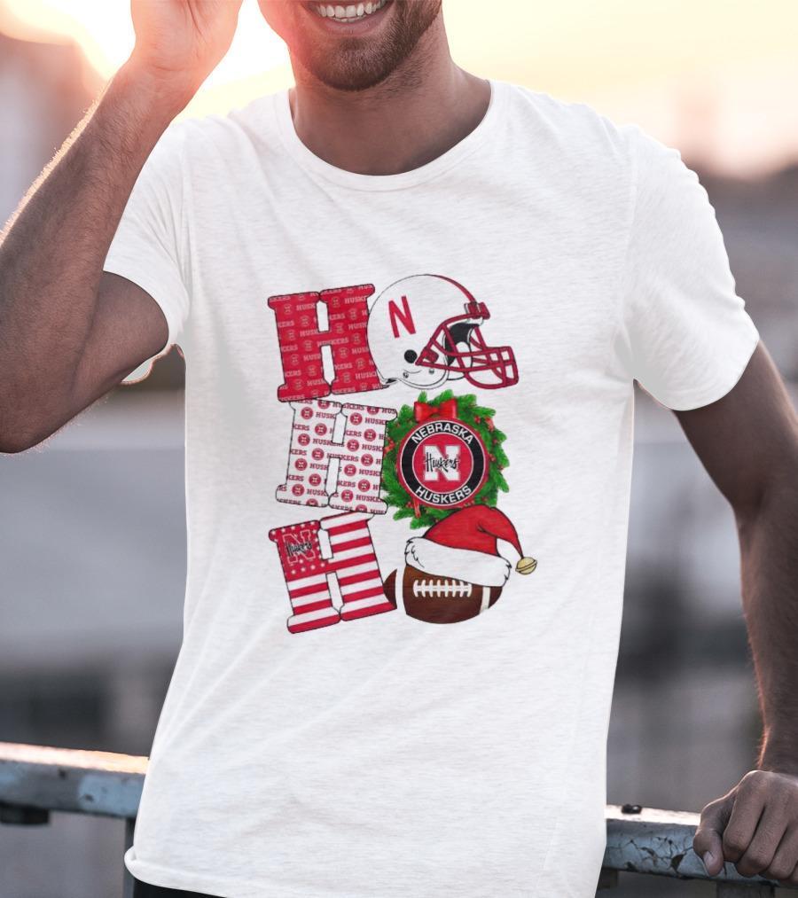 Nebraska Cornhuskers Ho Ho Ho Christmas Football Helmet Wreath Santa Hat Football T-Shirt