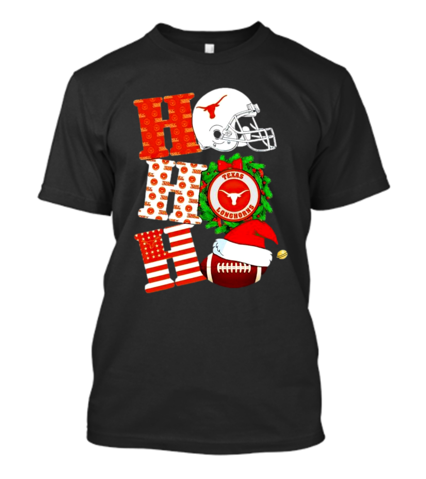 Texas Longhorns Ho Ho Ho Christmas Football Helmet Wreath Santa Hat T-Shirt