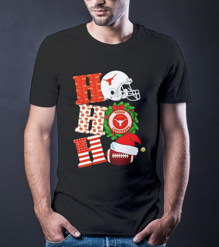 Texas Longhorns Ho Ho Ho Christmas Football Helmet Wreath Santa Hat T-Shirt