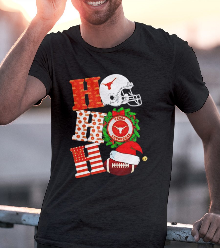 Texas Longhorns Ho Ho Ho Christmas Football Helmet Wreath Santa Hat T-Shirt